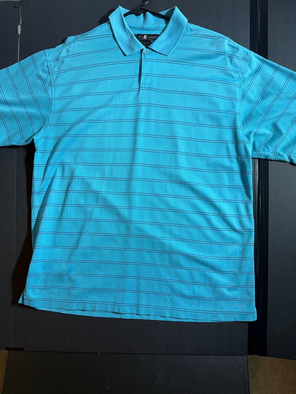 Tiger Woods Collection Men’s L Light Blue Stripe Polo –TW Logo Performance Shirt